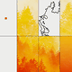 Illustration with grid of black-outlined fire areas and orange-and-yellow photos of treeline and smoke