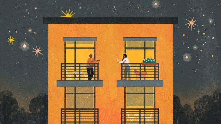 An illustration of the two friends chatting on their balconies at night