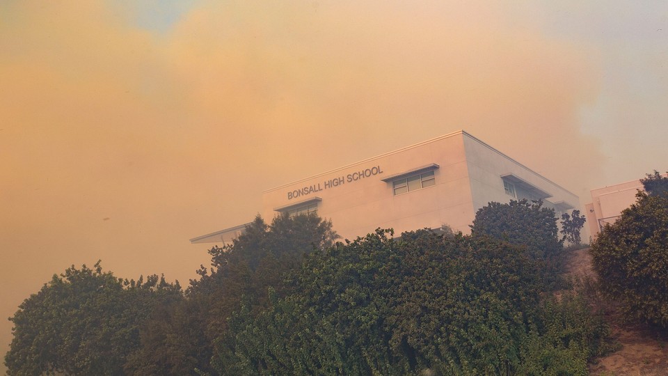 Clouds of smoke reach a school in Ventura, California, during the Lilac Fire last December.