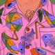 illustration of man from neck down wearing collared pink aloha-style shirt with pattern of crushed cans, broken beach umbrellas, fish skeletons, and bendy straws