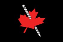 A maple leaf with a pencil stuck through its middle