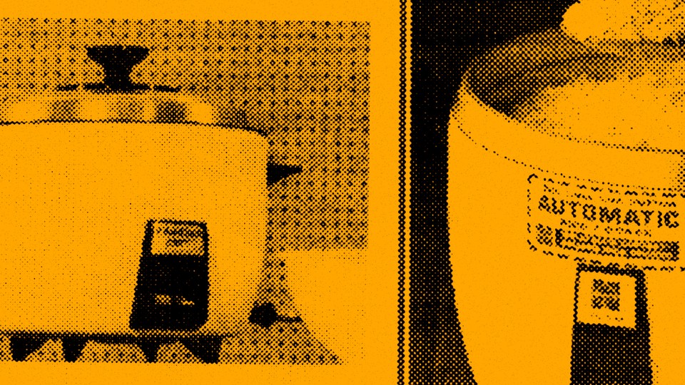 Two old photos of rice cookers in yellow and black ink