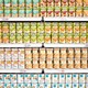 Grocery shelves full of cans