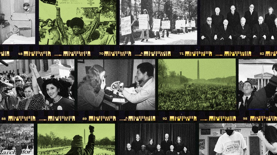 Photo collage of images of Supreme Court justices, abortion-rights protests, and Washington, D.C.