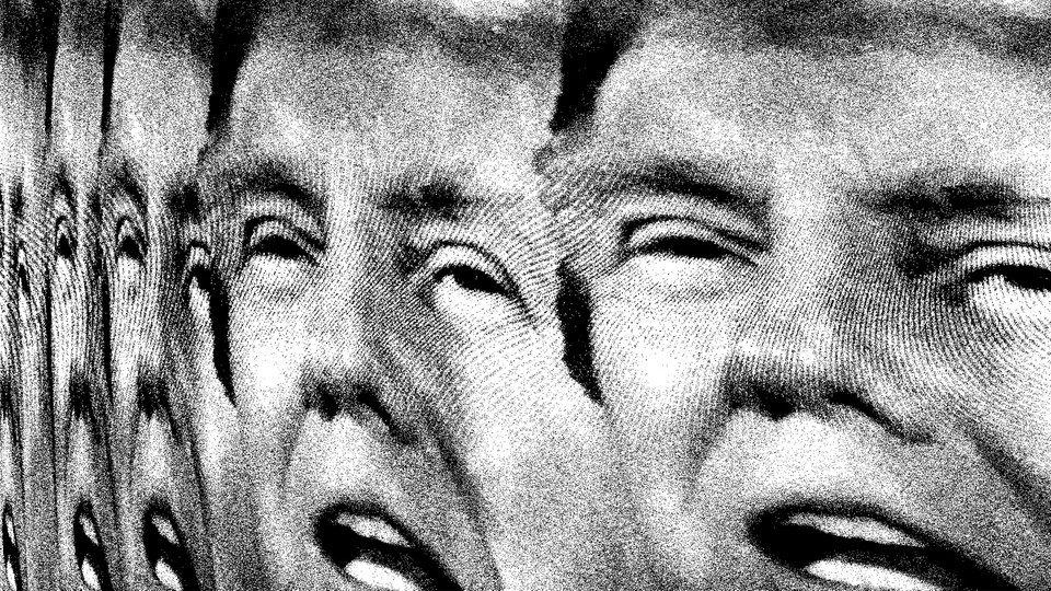 A collage of Trump’s face repeated and distorted