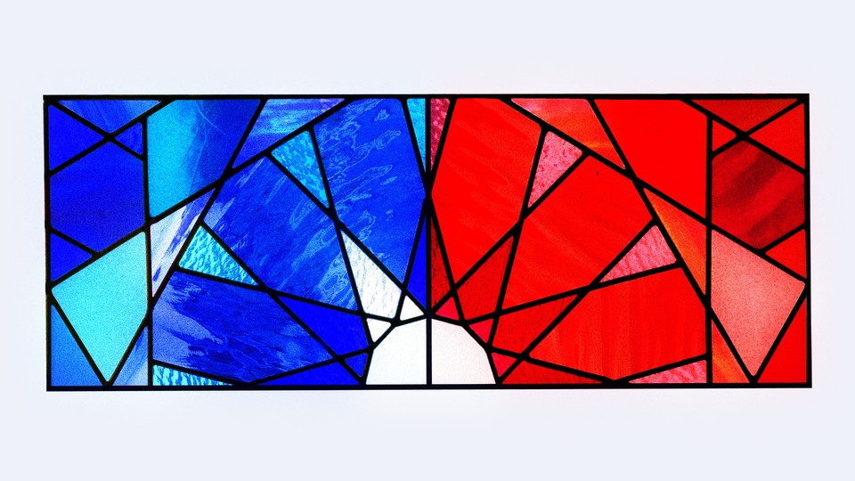 Illustration of a stained glass window with a blue-tinted left side and a red-tinted right side. An arrow is pointing to the left side.