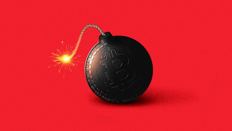 A bomb with a burning fuse is engraved with the Bitcoin logo.