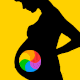 A silhouette of a pregnant woman on a yellow background. A rainbow Mac loading cursor spins over her belly.