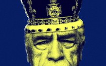 Collage of Brian Cox as Logan Roy, the patriarch of "Succession," with a crown on his head