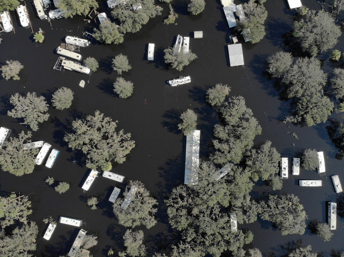An aerial photograph of a flooded trailer park