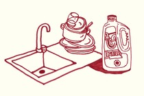 An illustration of a sink, Drano, and a pile of dishes against a cream-colored background