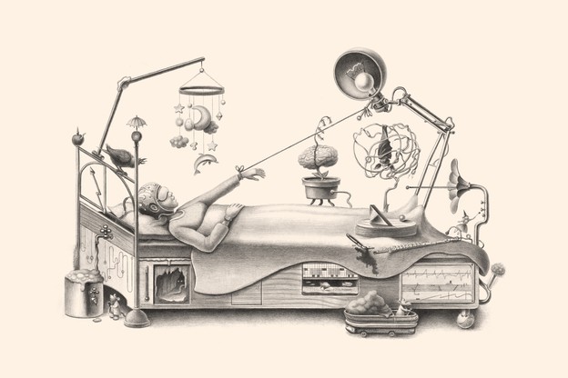 A black-and-white pencil-like illustration of a person in a bed surrounded by a number of gadgets meant to induce sleep: an eye mask, a helmet, a plant, a mobile, a brain-wave scanner.