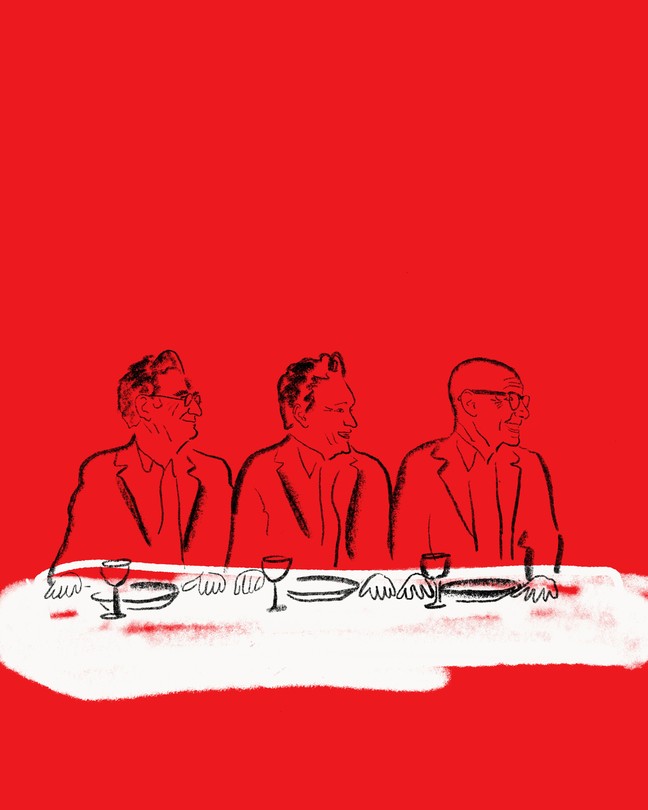 Sketch of three men in profile sitting at table set with plates and wine glasses on red background