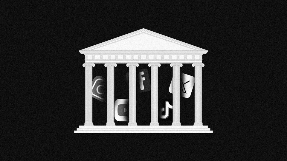 The Supreme Court building with tech companies' logos between the pillars
