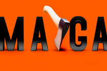 Illustration of a hatchet cutting through the word MAGA against an orange background
