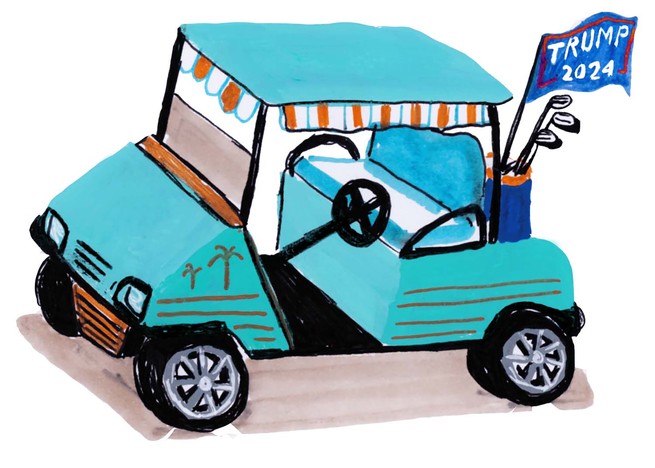 Illustration of turquoise golf cart with striped awning and Trump 2024 flag