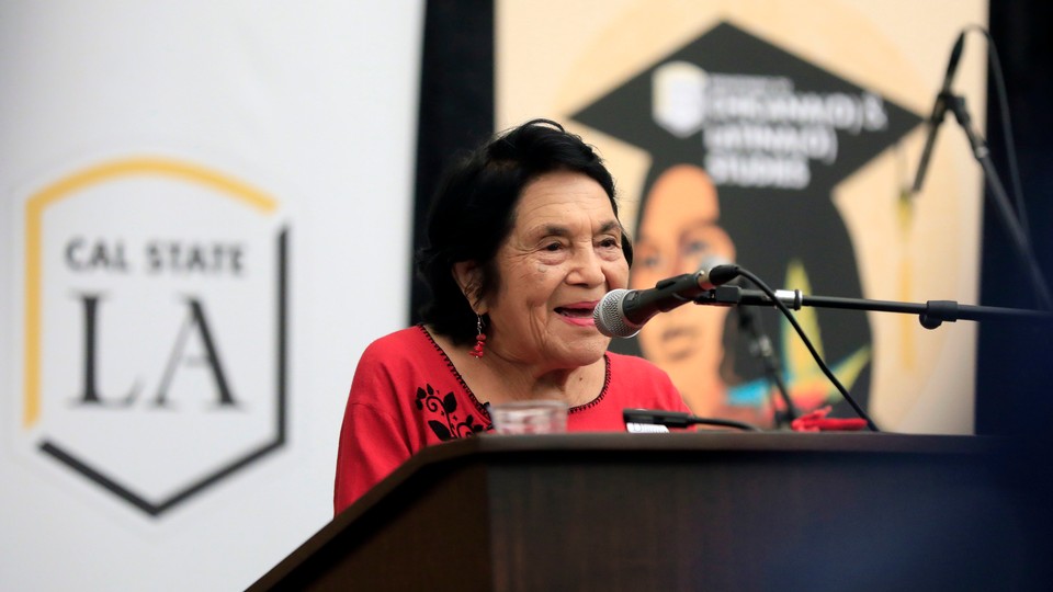 Dolores Huerta gives a lecture at an event