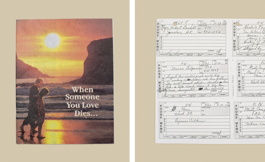 Diptych: A pamphlet with a couple walking on beach at sunset saying "When Someone you love dies..."; a collection of phone message notes