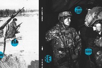 Left: Russian troops on the offensive in Poland in 1945. Right: Ukrainian troops patrol at the front line outside in 2022.