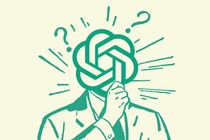 A green illustration of a person holding their hand to their chin as if thinking, with the OpenAI logo (gordian knot) in the place of a face