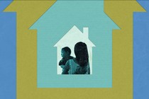 A mom holding a baby inside the silhouette of a house. Around them, house silhouettes in different colors expand concentrically.
