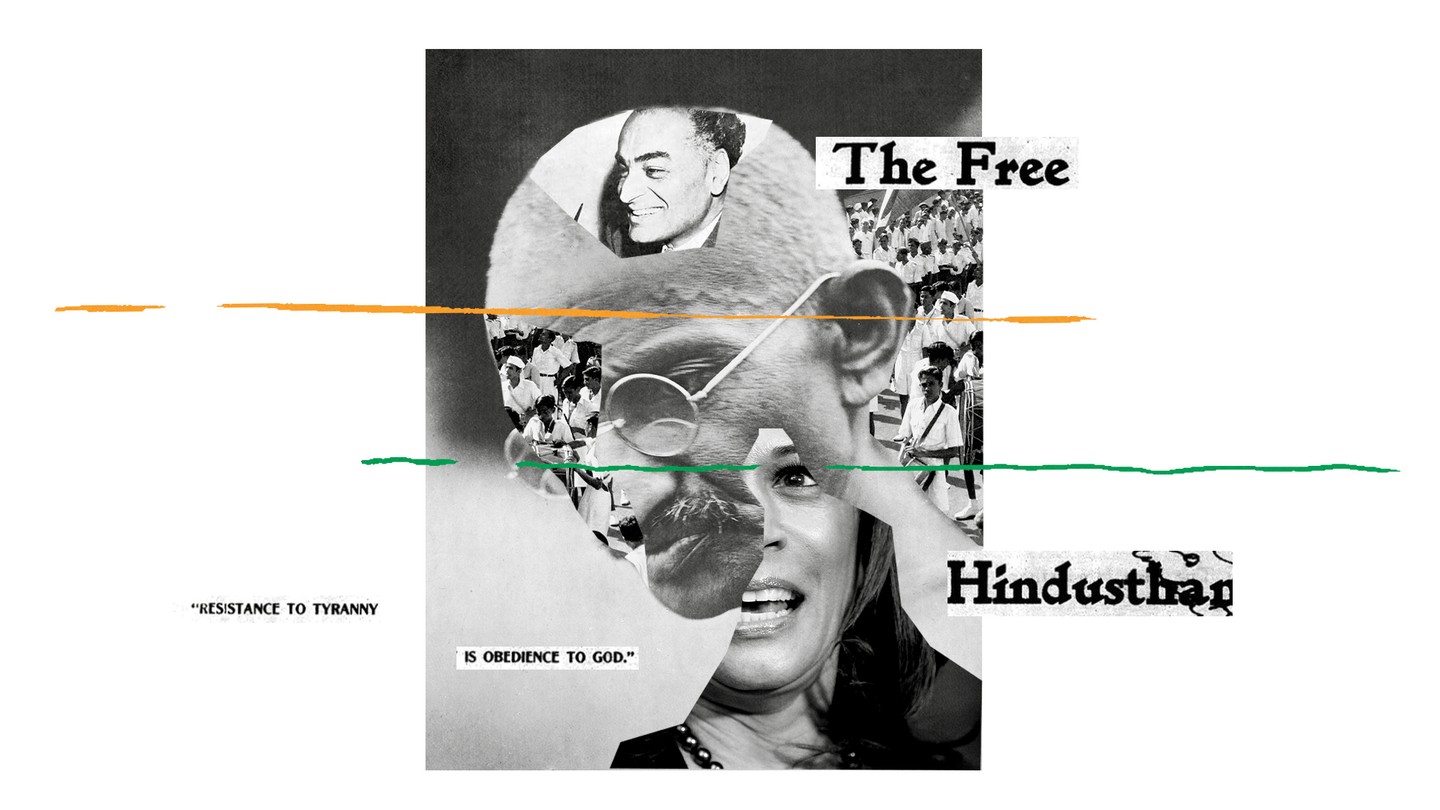 A collage including images of J. J. Singh, Kamala Harris, and Mahatma Gandhi