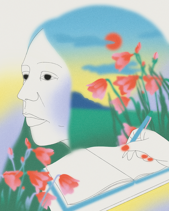 Illustration of female poet in profile with blue sky and flowers
