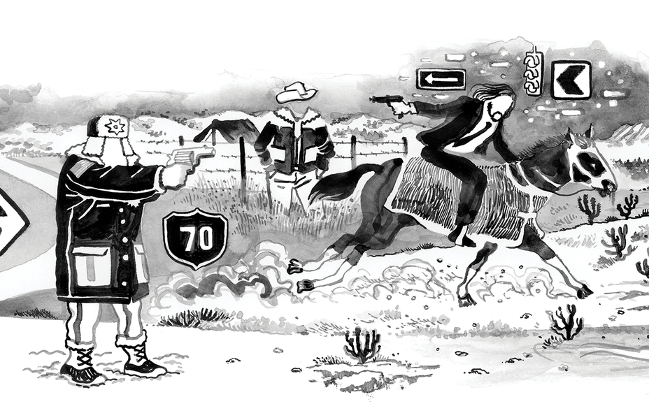 black-and-white pen-and-ink drawing: desert, officer from 'Fargo' pointing gun, John Dutton by fence, John Wick in suit riding galloping horse and shooting backwards