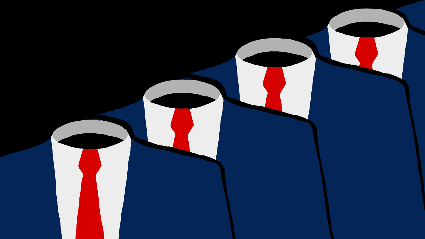 illustration of a row of 4 headless/hollow blue-suited figures with white shirts and red ties