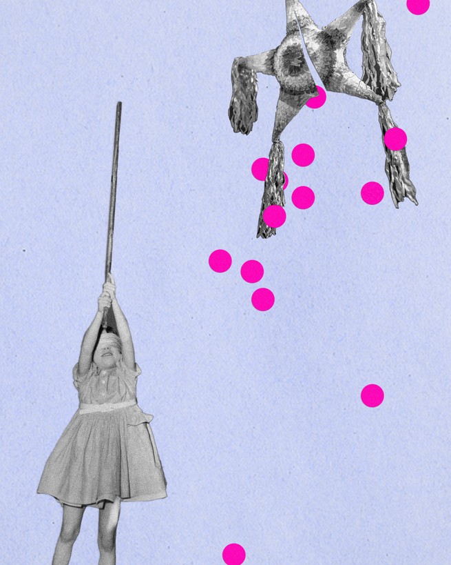 girl with long stick and star-shaped piñata cracked in half with pink dots falling out on blue background