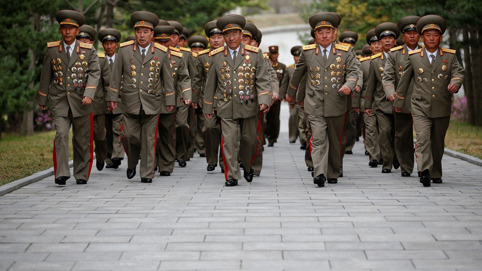 Military officers visit Friday the birthplace of Kim Il Sung, a day before his 105th birth anniversary in Mangyongdae, just outside Pyongyang.