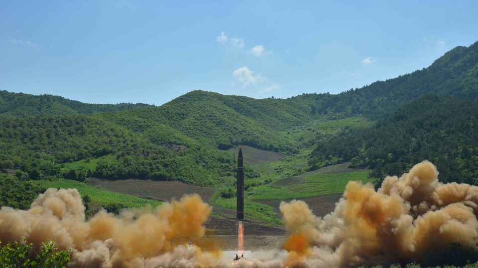 The Hwasong-14 missile is seen during its test launch.