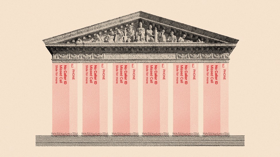 An illustration of the Supreme Court with pillars made of missed-call logs