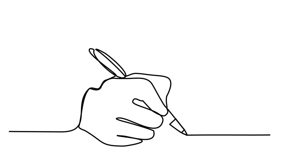 continuous line drawing of a hand writing with a pen against a white background