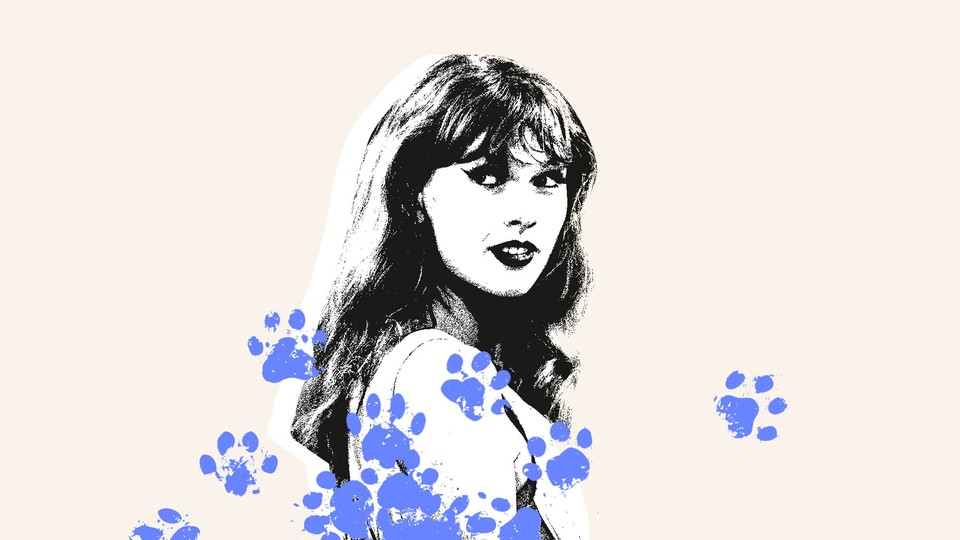 Blue cat footprints superimposed on an image of Taylor Swift