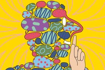 An illustration showing a person's head made up of speech bubbles but signing "shush" with their finger.