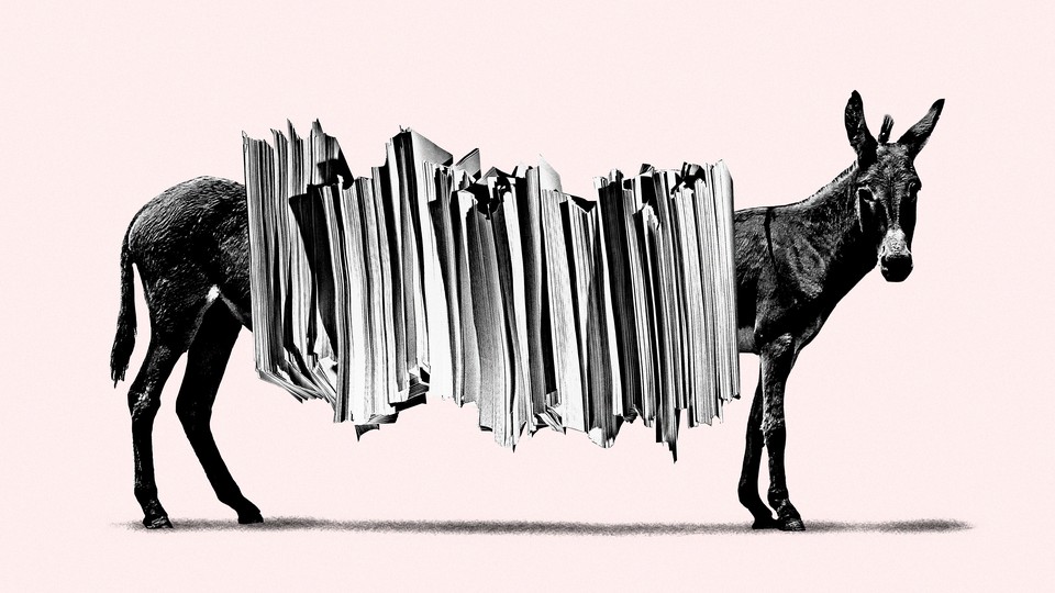 An illustration of a donkey with large stack of papers stretching over the the body