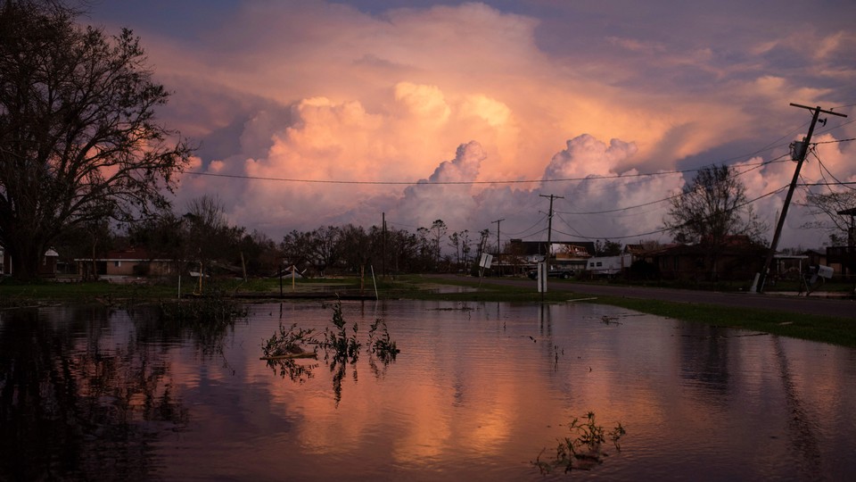 Storm clouds off the coast of Louisiana can be seen from Pointe-Aux-Chenes
