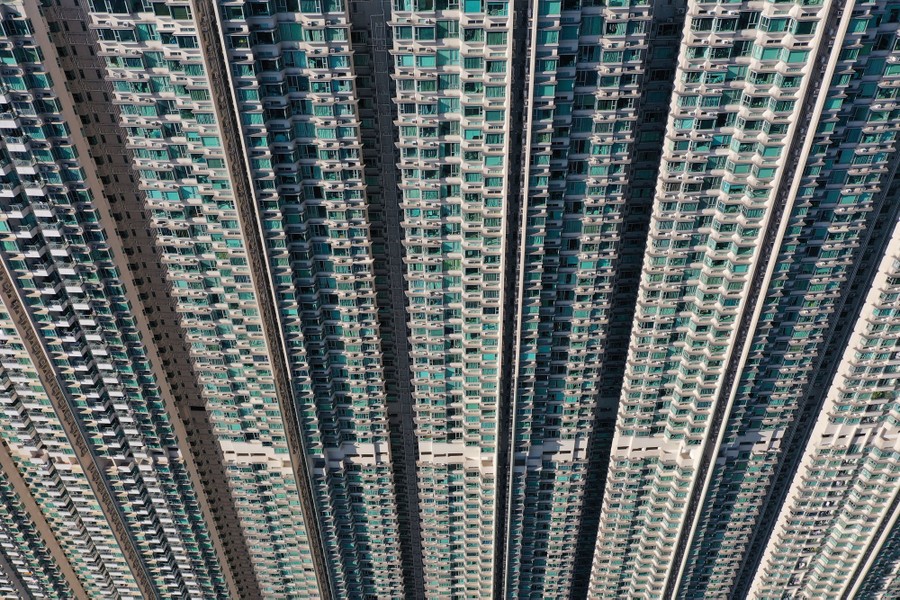 An aerial view of an enormous apartment block in Hong Kong