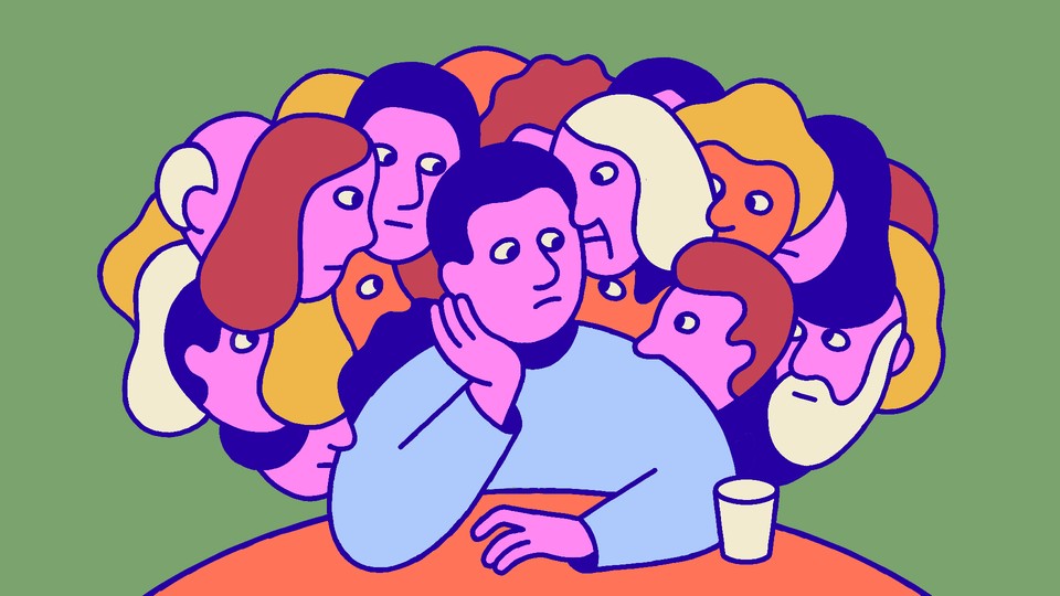 illustration of a man who is holding a cup of coffee and surrounded by faces staring at him