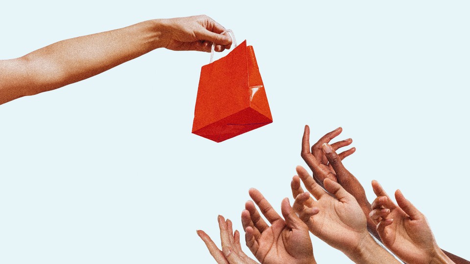 An illustration of a hand holding a shopping bag, and a lot of hands reaching out to grab it