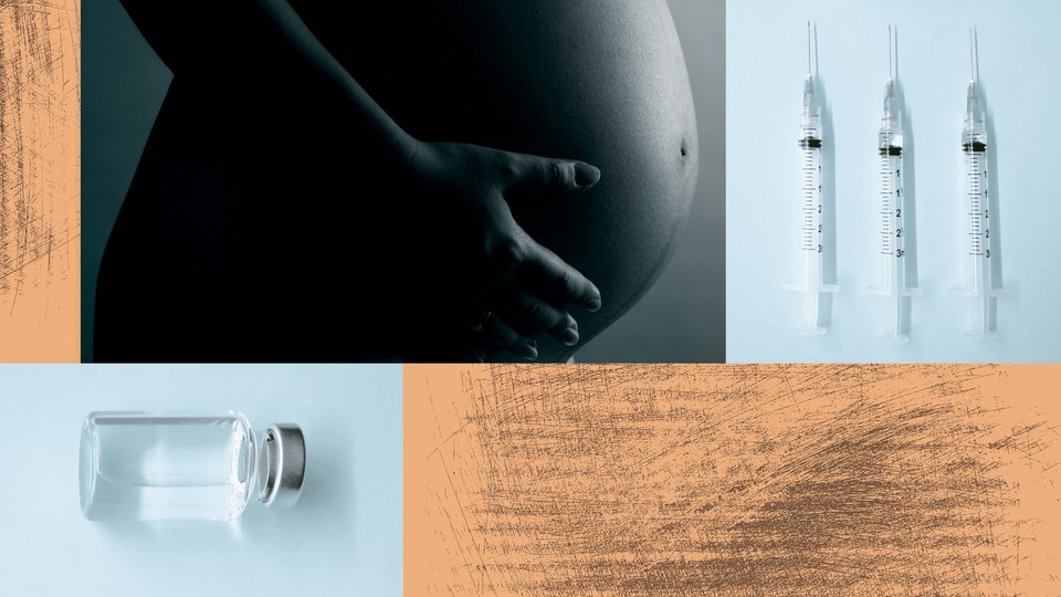 Photo collage of a pregnant belly, three syringes, and a vial of clear liquid.