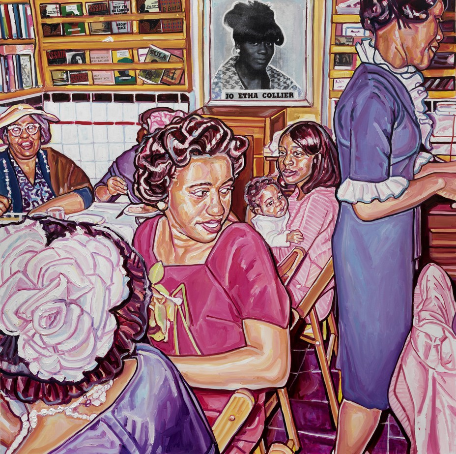 a painting of a group of women in the 70s with a photo of Jo Etha hanging in background