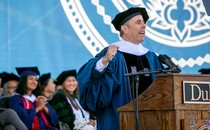 Jerry Seinfeld speaking in a Duke podium