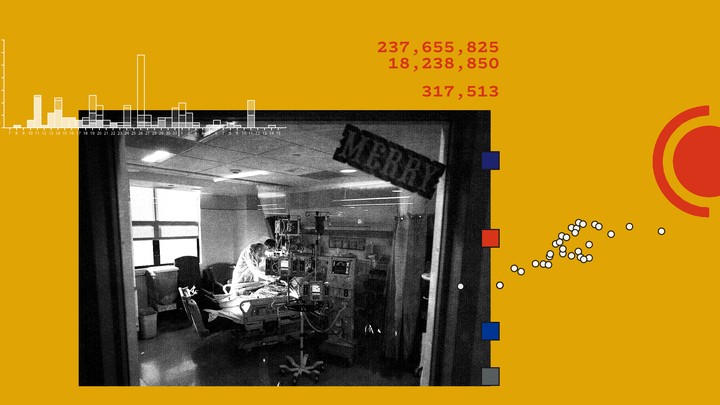 In a grayscale photo, set against a mustard-yellow background, a patient sits in a hospital bed.