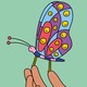 A disgruntled man stares down a butterfly covered in smiley faces, which is perched on another person's hand.
