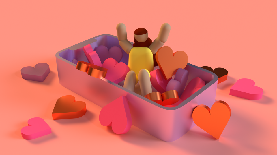 Cartoon girl sitting in a pile of hearts, inside the shell of a smartphone.