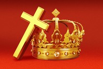 A cross leaning on a crown