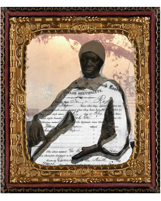 illustration with photo portrait of 19th-century Black woman inside ornate gilt and wood frame with part of a marriage certificate as her dress