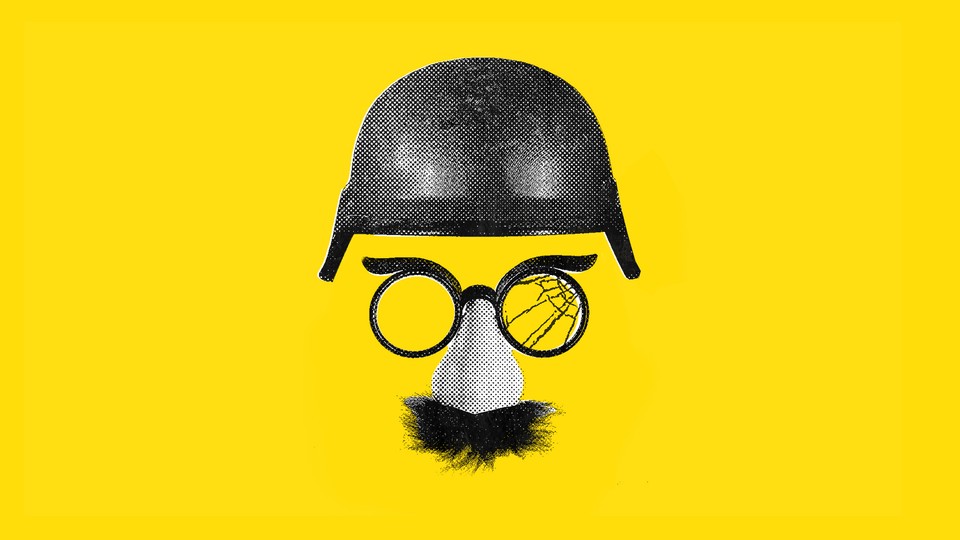 A military helmet floats above disguise glasses with fake nose and mustache. One lens of the glasses is shattered.
